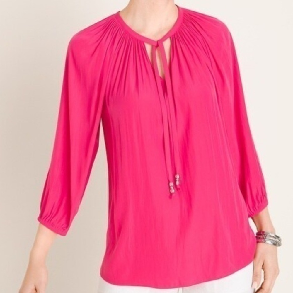 NWT Chico’s shirred tie neck raglan sleeve blouse top M